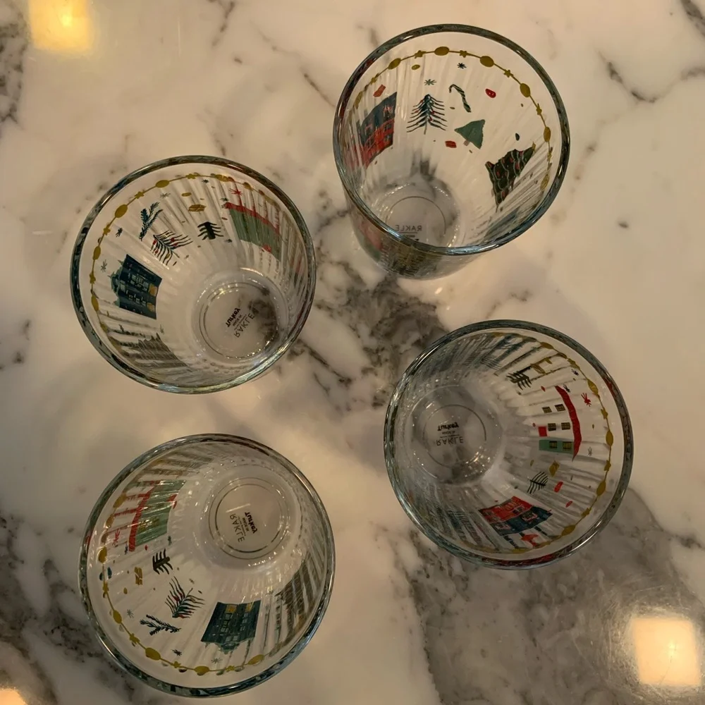 Rakle Holiday Village Christmas Tumblers Set Of 4 Ribbed Glass
